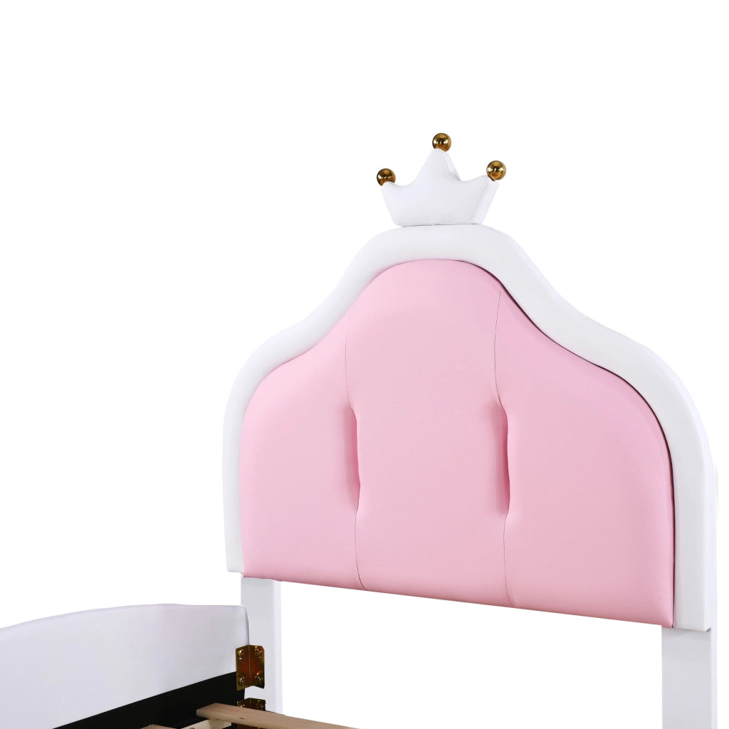 Letto singolo 90 × 200 cm imbottito con testiera a corona in similpelle bianca e rosa con rete a doghe