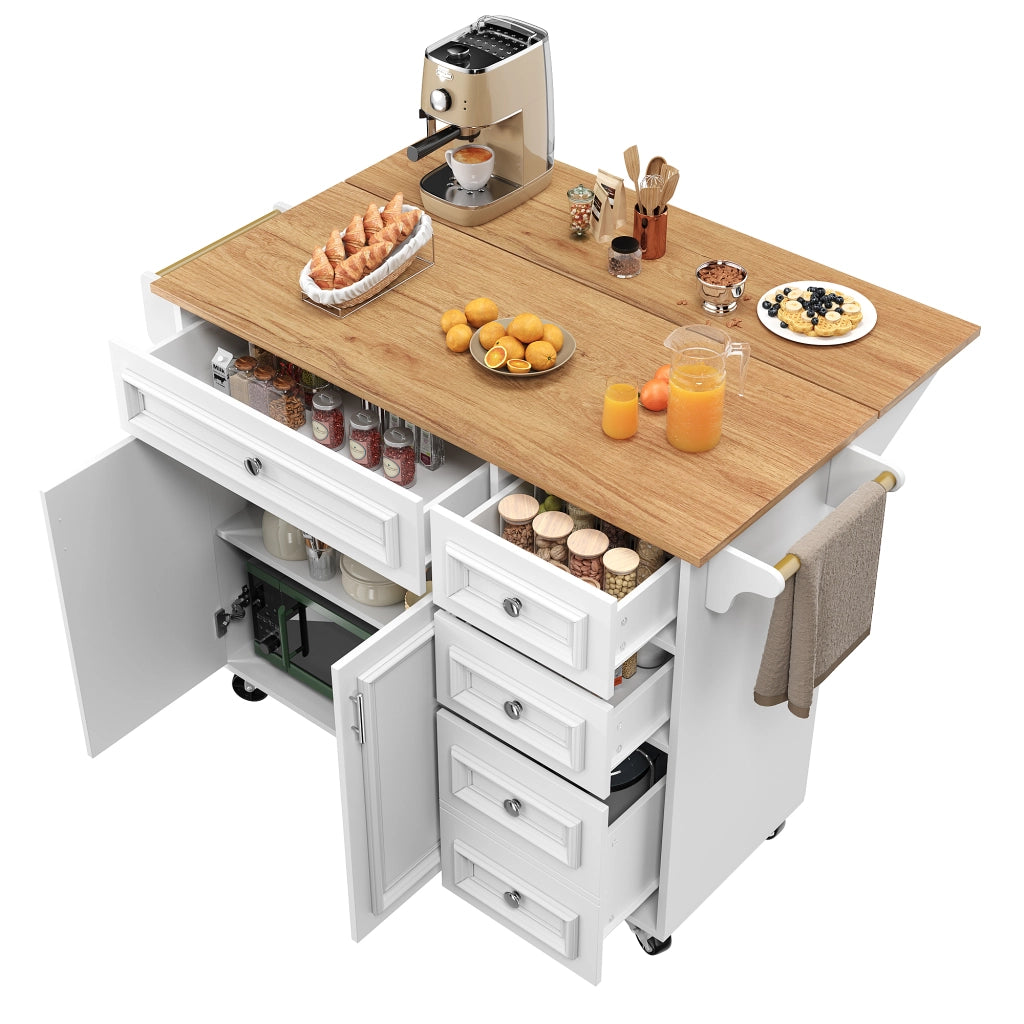 Carrello da cucina con piano pieghevole, cassetti, ripiani regolabili e mensola laterale in MDF bianco per cucina