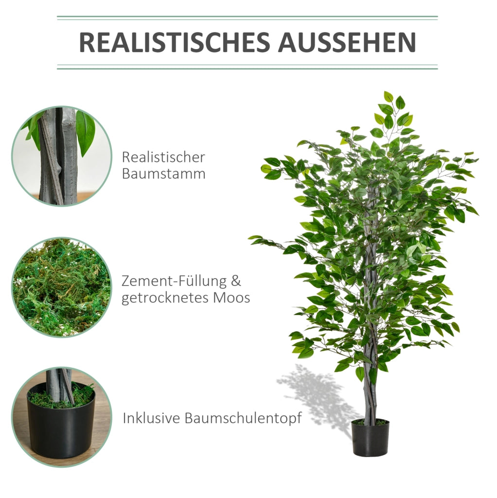 Ficus artificiale ULEVR 135 cm in vaso nero, pianta decorativa verde in plastica con base in cemento
