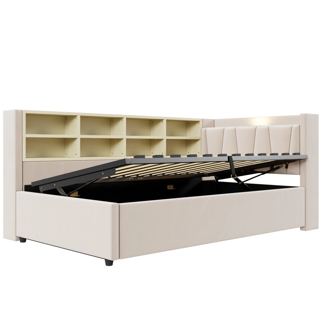 Letto contenitore 90 × 200 cm con testiera imbottita LED USB e Type-C ripiani laterali in velluto beige