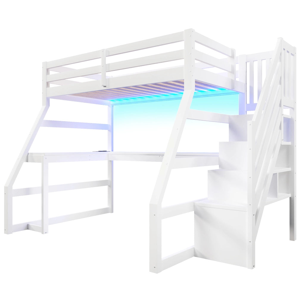 Letto a soppalco 90x200 con scrivania; bianco; scala contenitore e luci LED