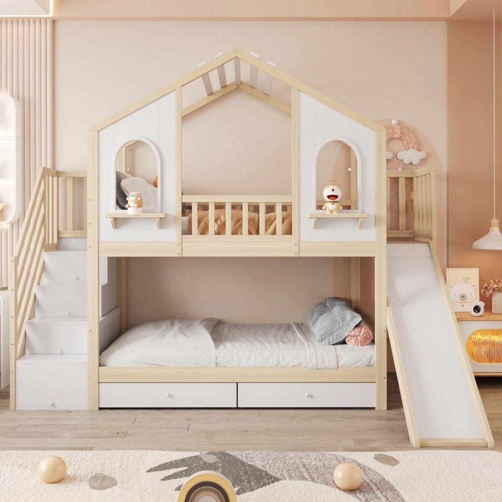 Letto a castello per bambini 90 × 200 cm 2 posti; con scivolo; scala contenitore e cassetti; senza materasso