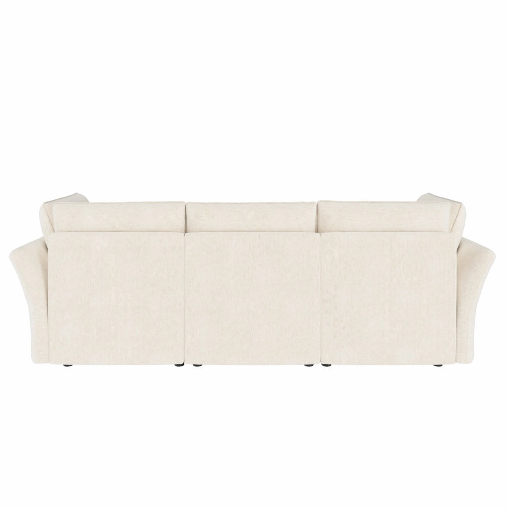 Divano modulare ad angolo a L con pouf contenitore, rivestimento in tessuto chenille beige, 4 posti, struttura in legno massello