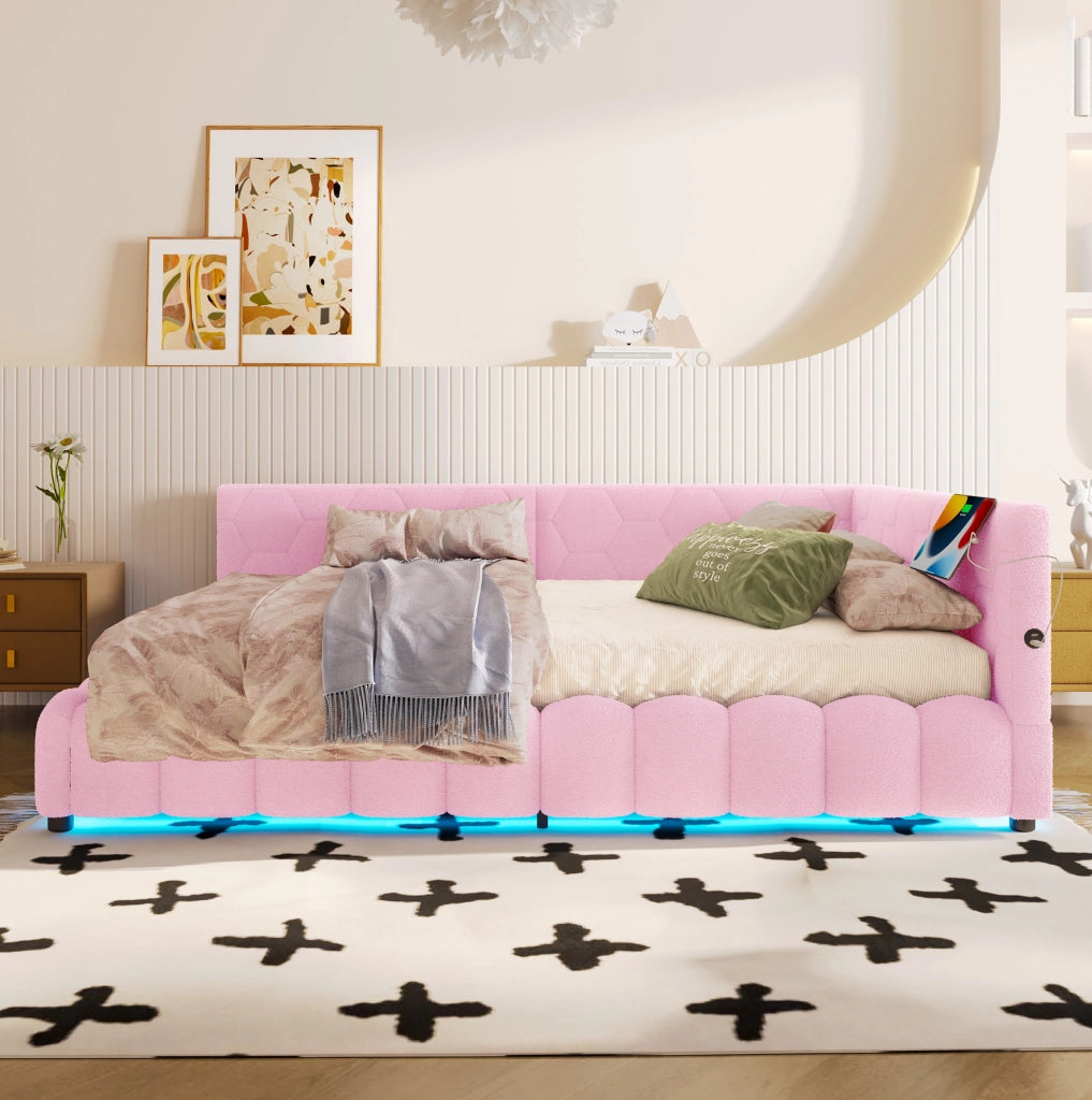 Daybed 140x200 cm rosa con contenitore idraulico, LED, USB e Type-C