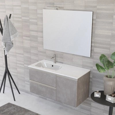 Mobile bagno sospeso 100 cm grigio cemento con cassetti e anta completo di lavabo a sinistra e specchio Master