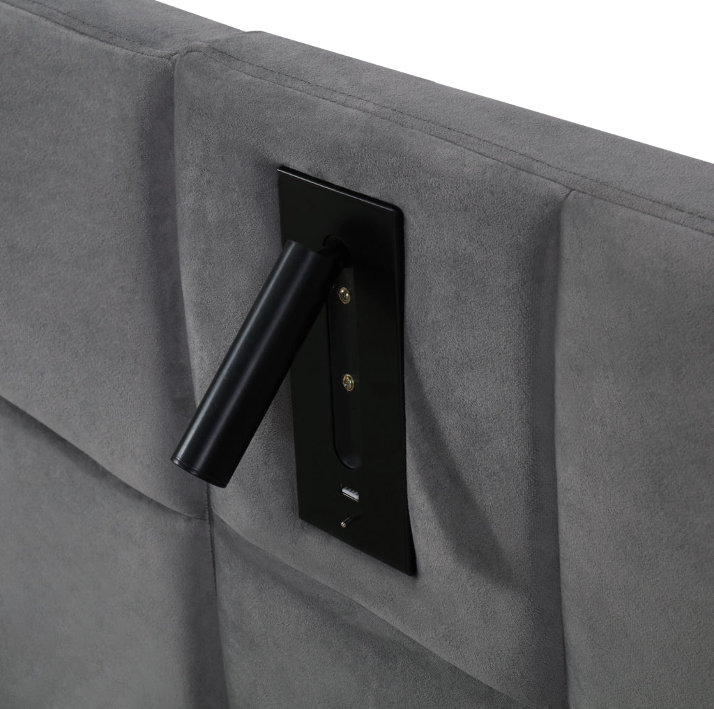 Letto imbottito con contenitore, luce orientabile e USB 160 x 200 cm grigio