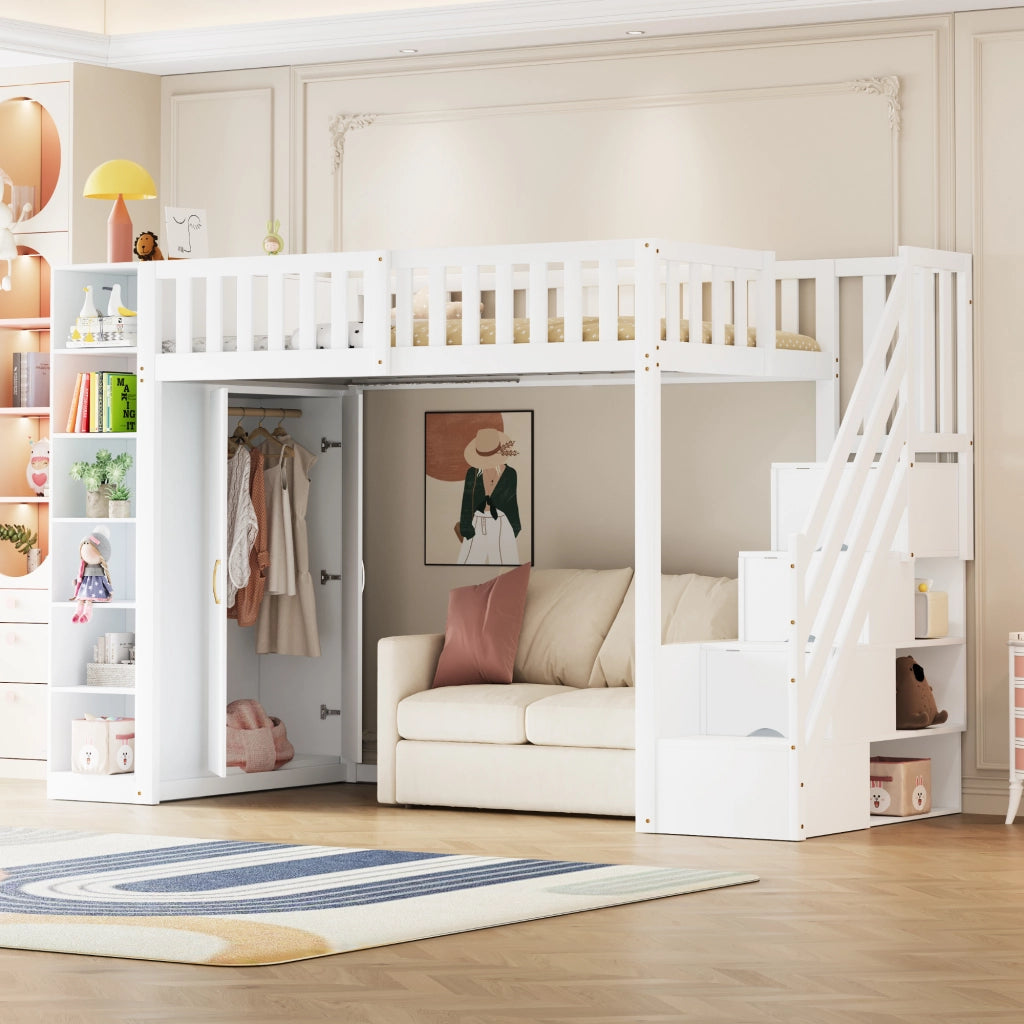 Letto a Soppalco 90x200 cm con Armadio, Mensole e Scala con Ripiani, Bianco