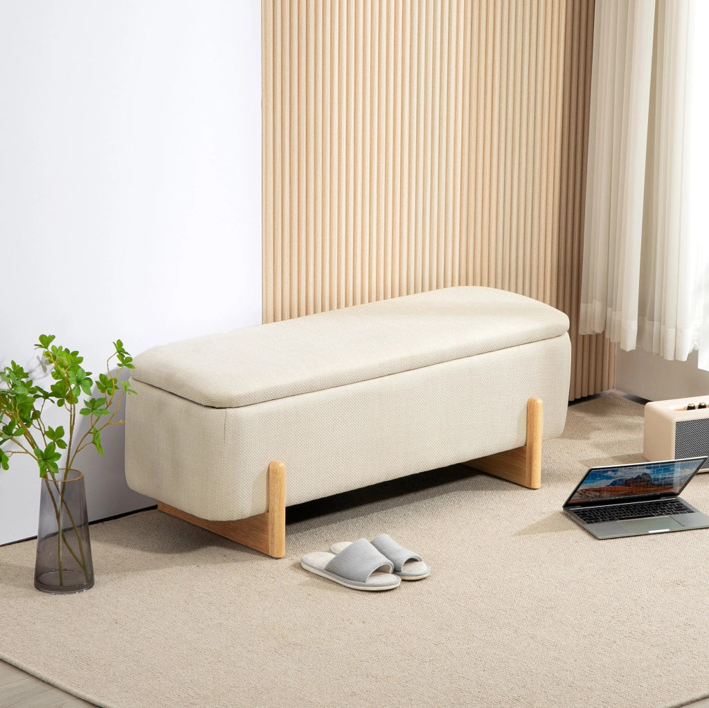 Panca contenitore imbottita 111 x 44 x 44;5 cm in poliestere beige con gambe in faggio