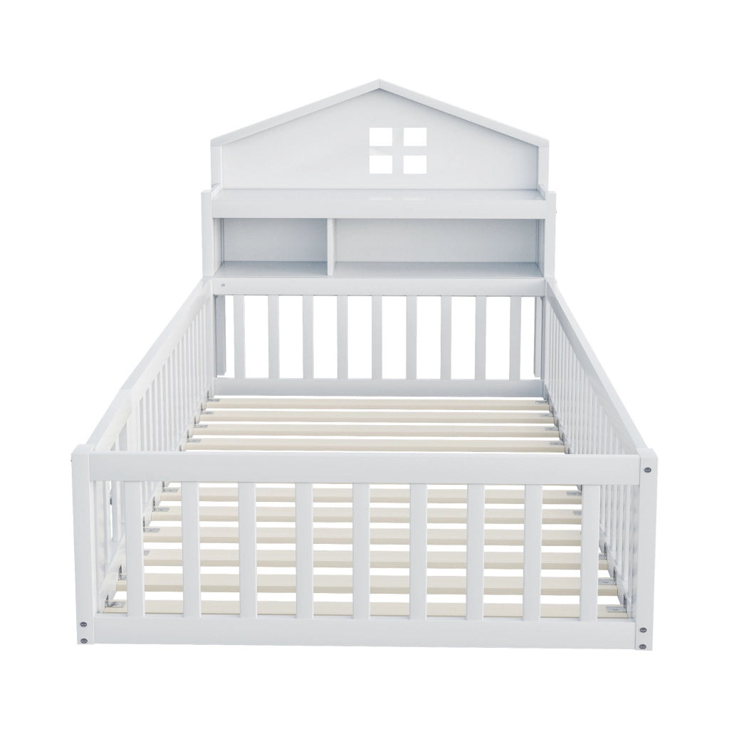 Letto a casetta per bambini 90 x 200 cm in legno massello; bianco; con sponde e scaffali