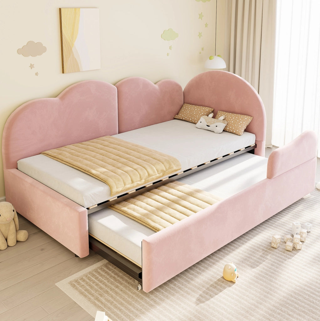 Divano letto a L imbottito rosa 90 x 200 cm con letto estraibile e testiera a nuvola