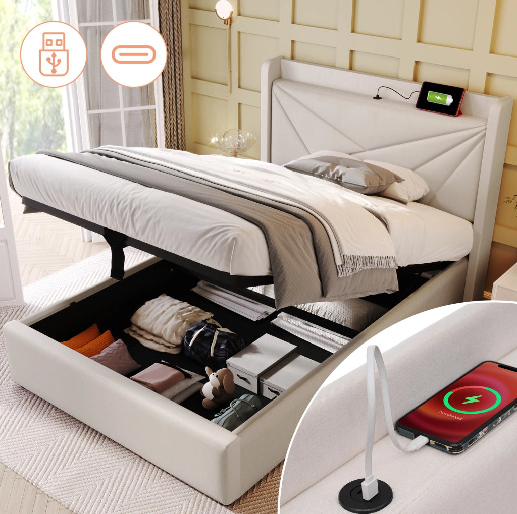 Letto singolo 90x200 cm con contenitore, USB e USB-C in cotone e lino beige