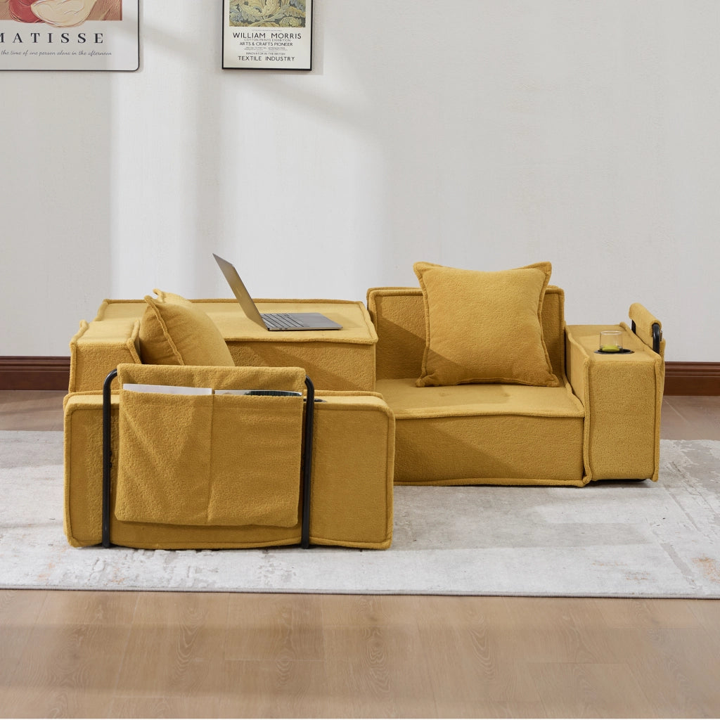 Divano letto 2 sedili convertibili con letto matrimoniale; pouf con portaoggetti e porta tazze; cuscini 2; velluto a coste; Giallo