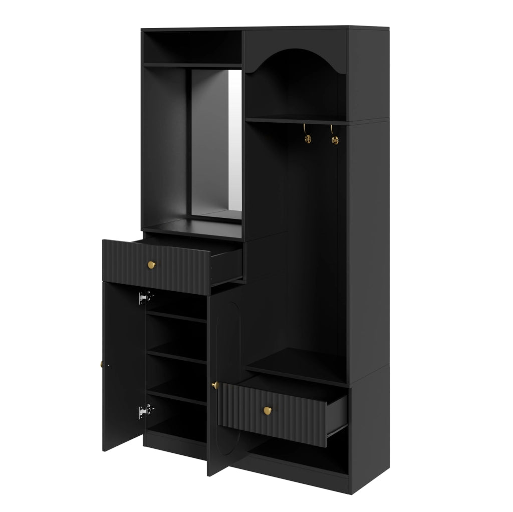 Garderoba compatta con specchio, panca, appendiabiti e luci LED regolabili, MDF nero 100x35x180 cm