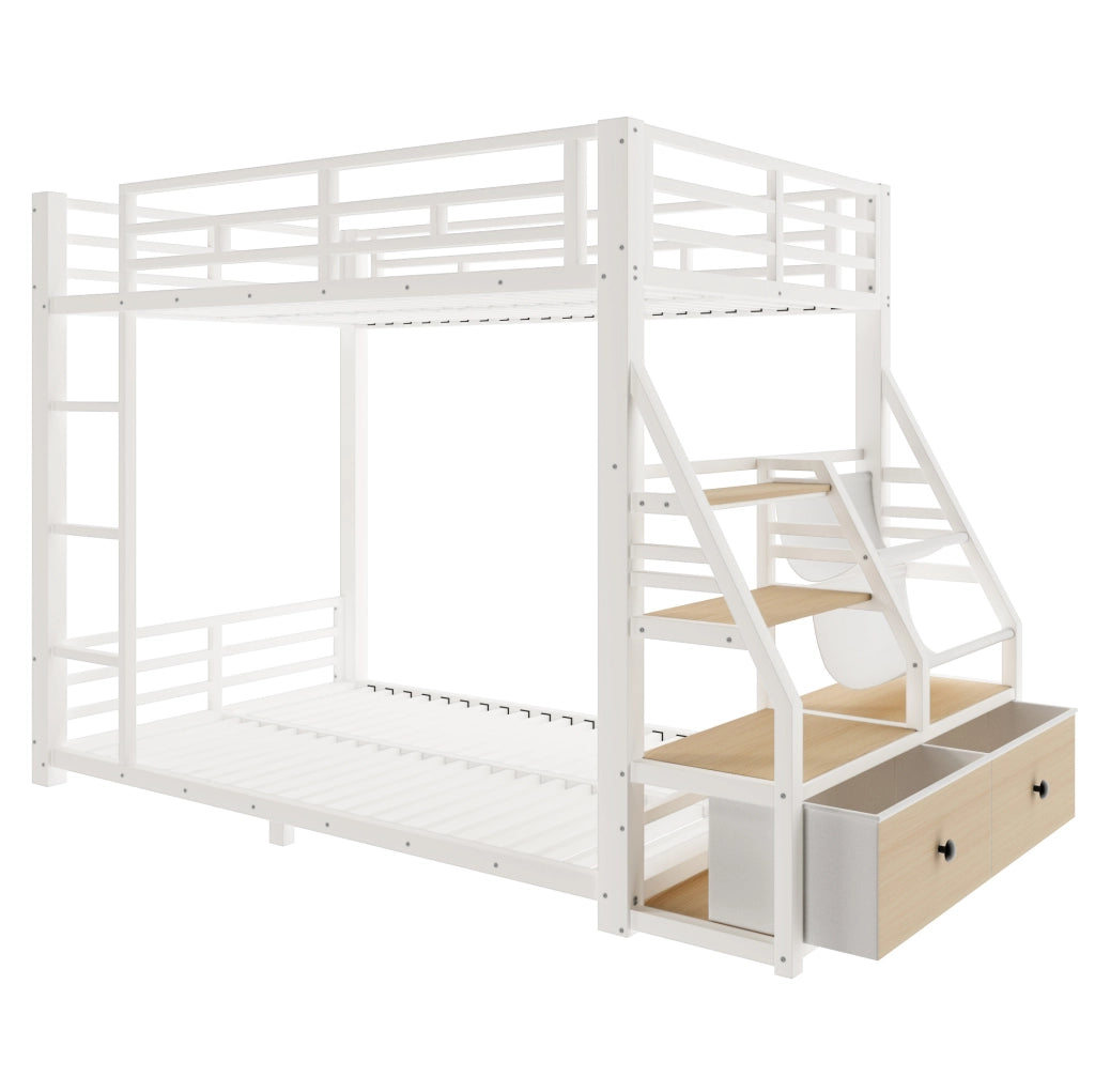 Letto a castello 90x200 cm in legno e metallo bianco con LED e 2 cassetti