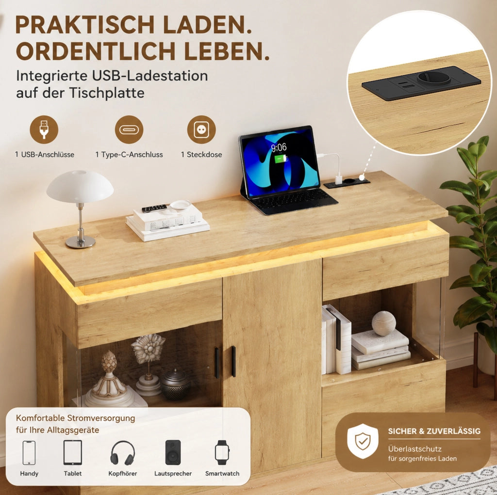 Buffet con illuminazione LED, prese USB e Type-C, anta in vetro e finitura effetto legno, 120x40x79,5 cm