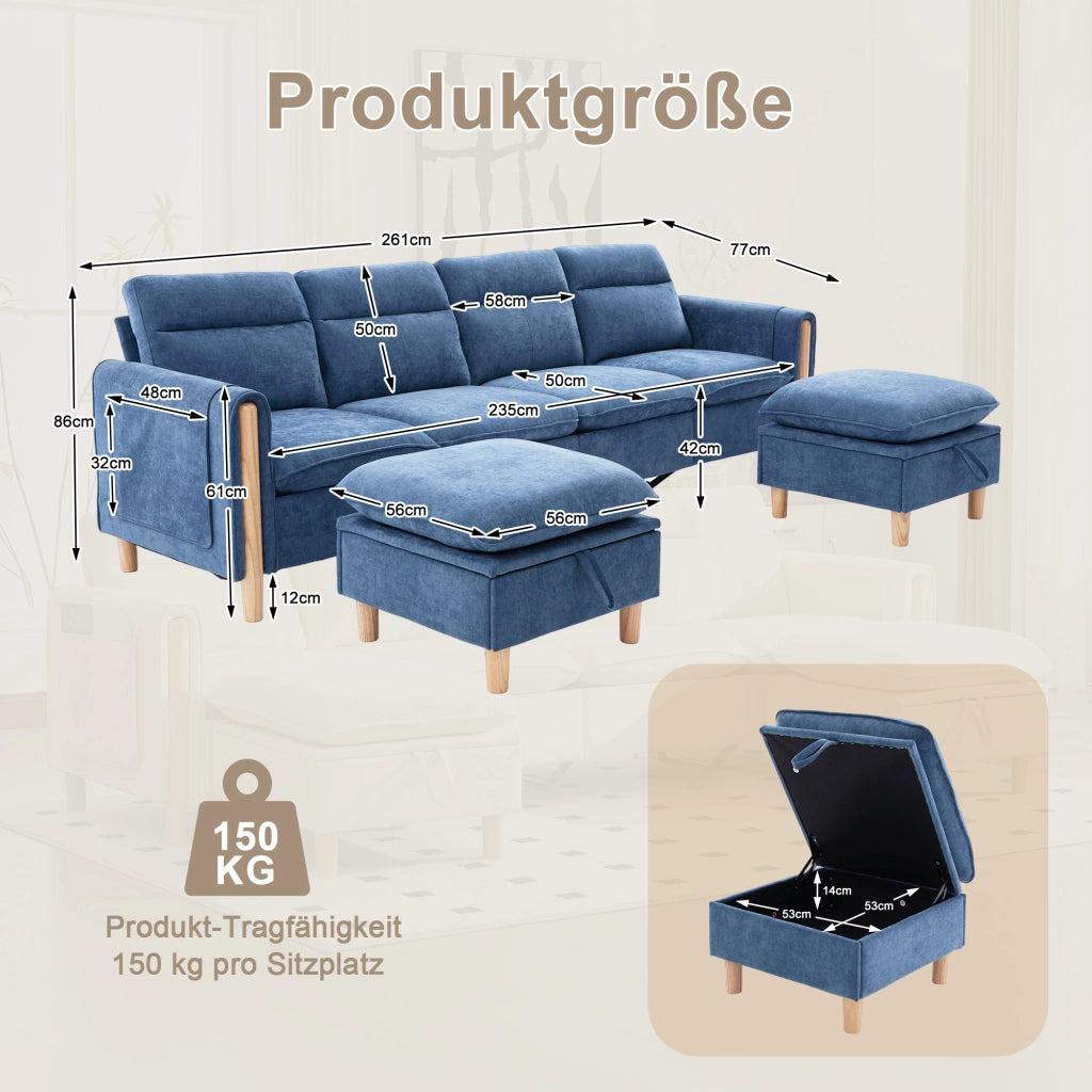Divano angolare modulare a U 4 posti con contenitore e braccioli, in Chenille Blu