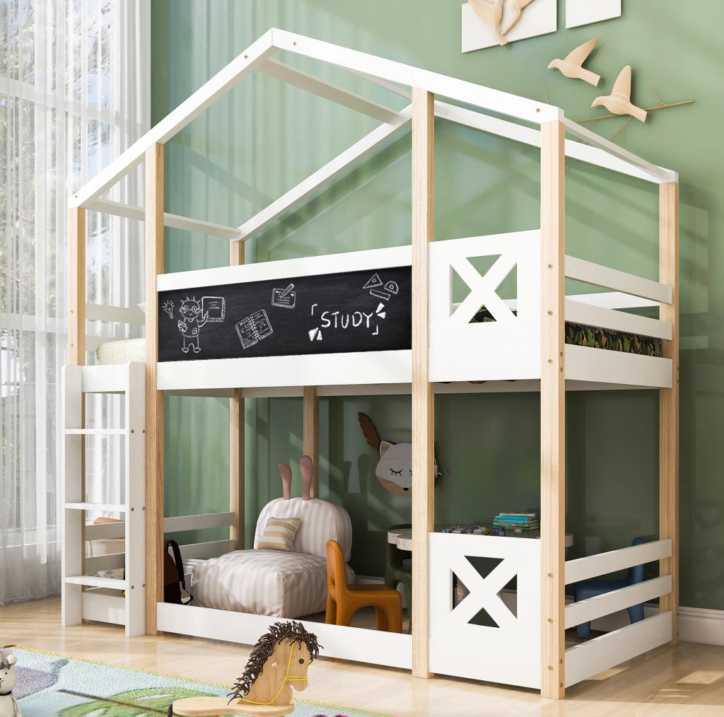 Letto a castello per bambini Yeavio 90x200 cm in legno di pino naturale e MDF con scala e rete a doghe