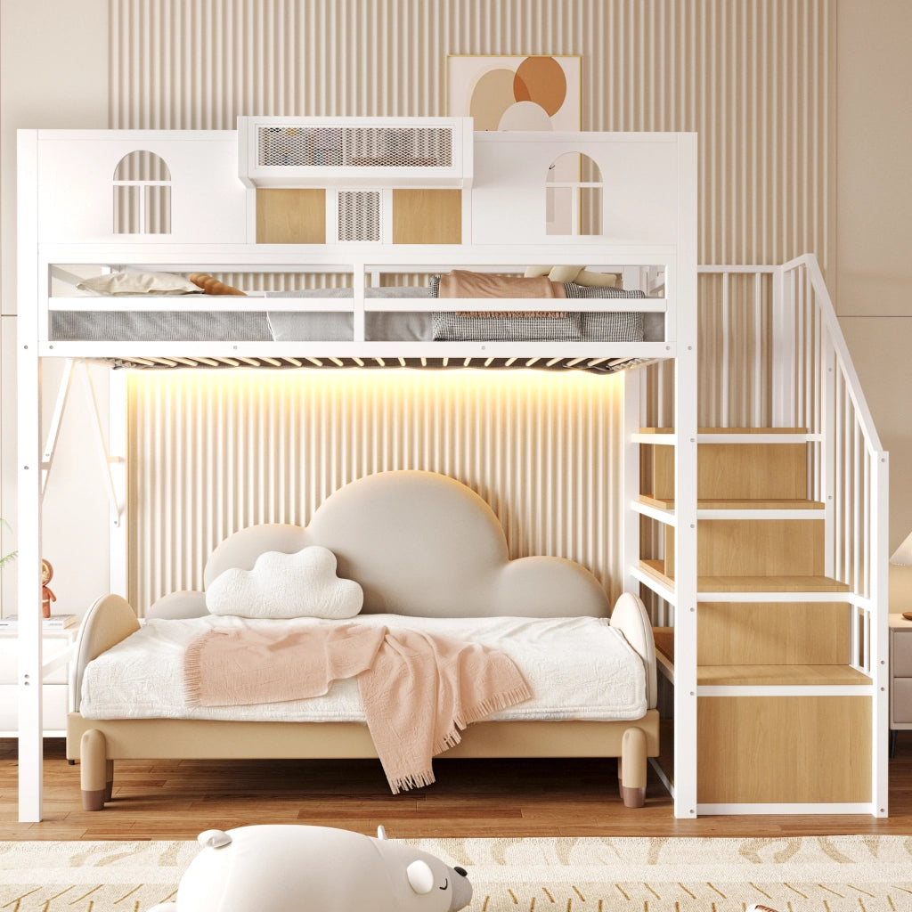 Letto a soppalco - letto singolo 90 x 200 cm in metallo con scaletta contenitore, illuminazione, ripiano e sponde rialzate, bianco
