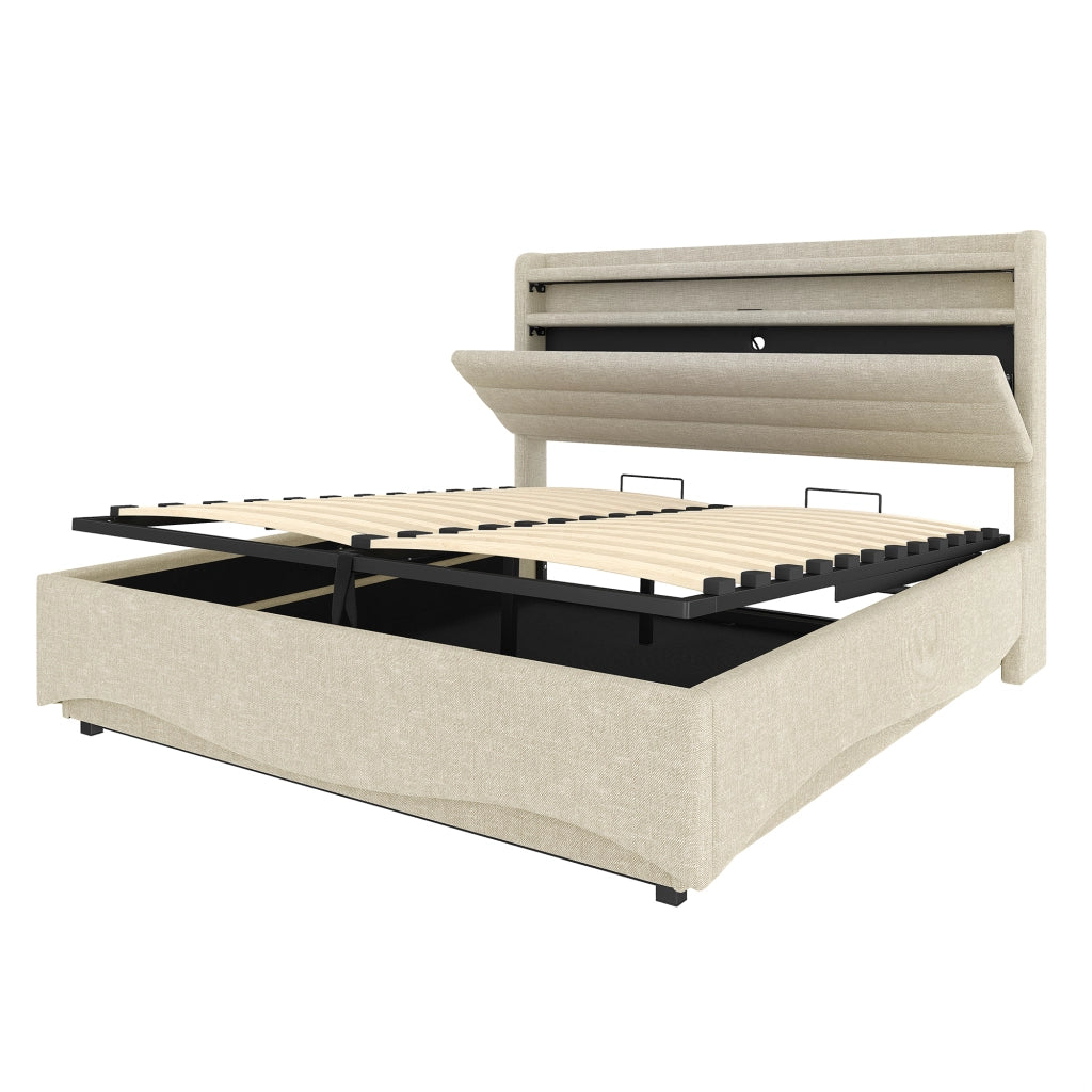 Letto contenitore 140x200 cm in lino beige con ripiani; LED; USB e USB-C