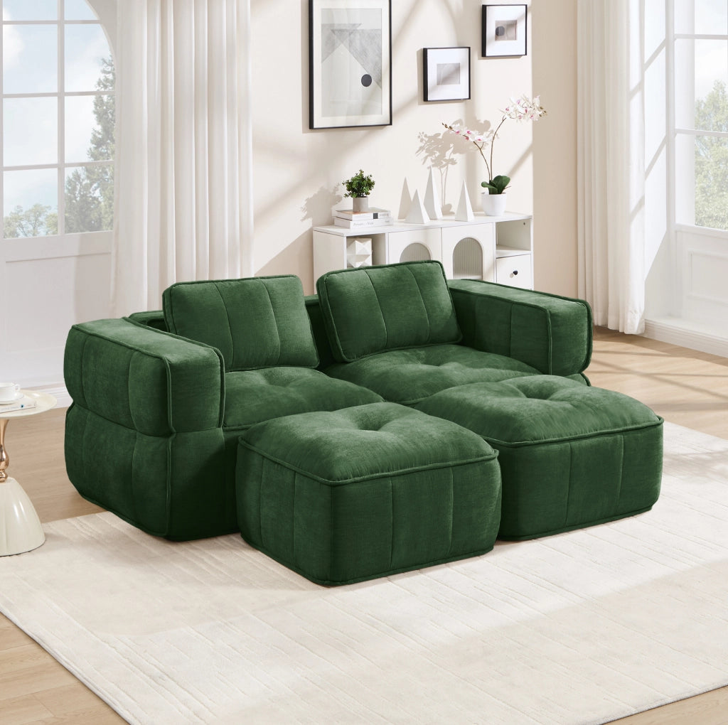 Divano modulare verde 198x162x67 cm in poliestere con 2 pouf