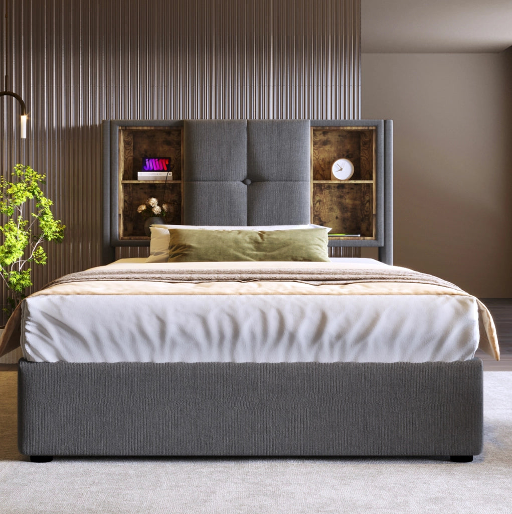 Letto 90x200 cm con contenitore, ricarica wireless USB e USB-C in cotone grigio