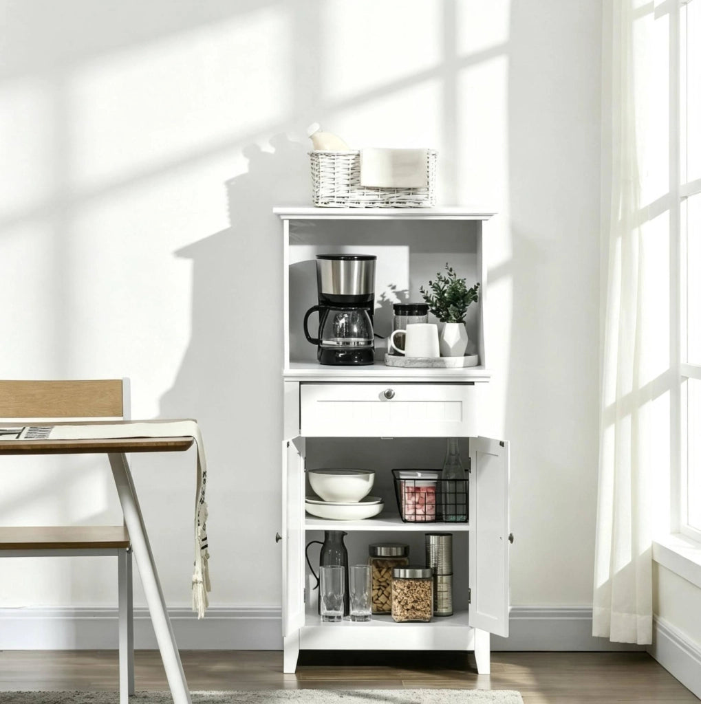 Mobiletto da cucina in MDF bianco con anta, cassetto e spazio per microonde 60x40x122,5 cm