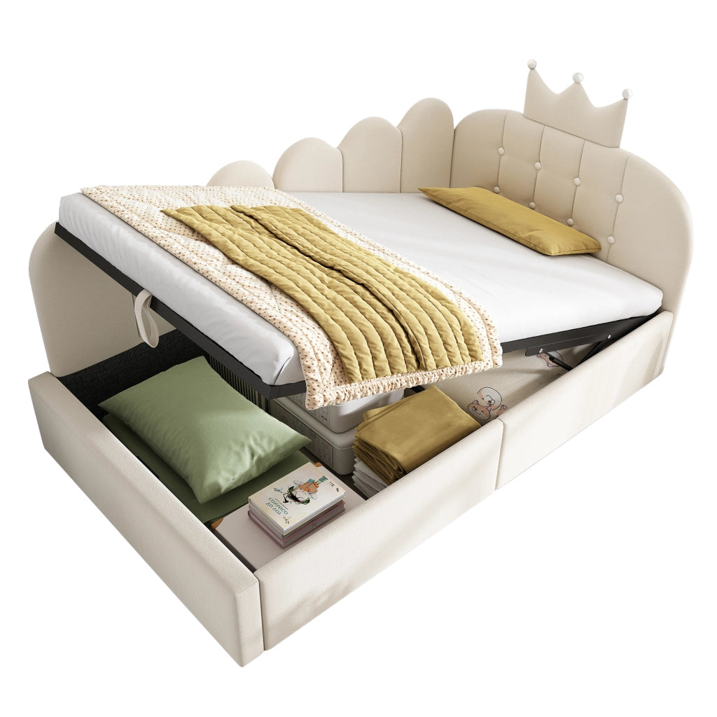 Letto da Giorno 90x190 cm in Velluto Beige con Contenitore Idraulico e Design a Corona