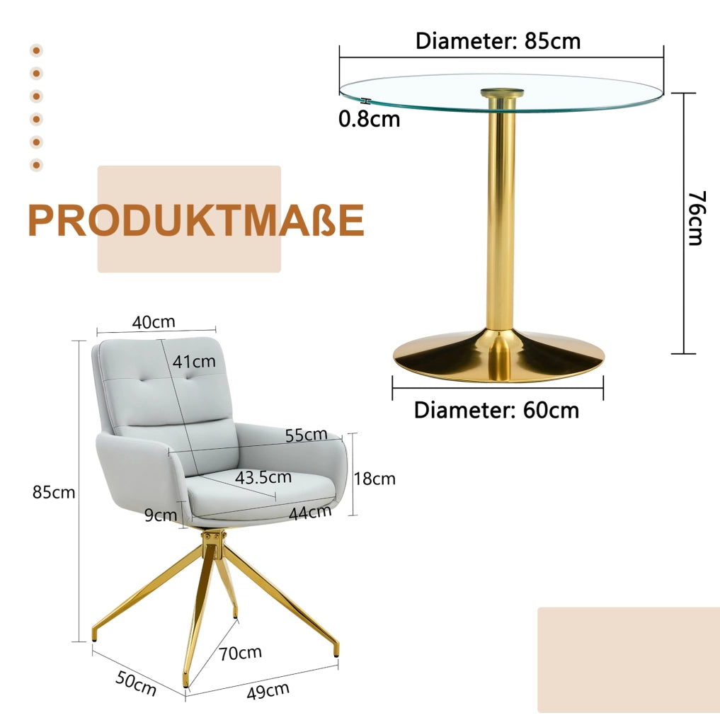 Set tavolo da pranzo rotondo Ø 85 cm con piano in vetro e sedie girevoli 360° HOMVRA