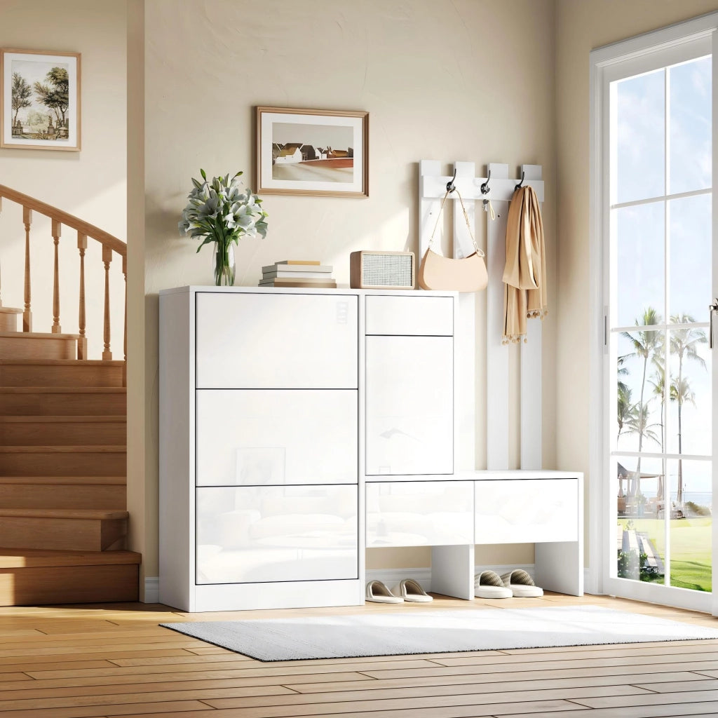 Set di mobili da ingresso con scarpiera a ribalta; panca e appendiabiti in MDF bianco 160 × 35 × 160 cm