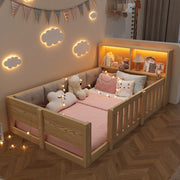 Letto a terra, letto per bambini 90 x 200 cm con sponde, lati imbottiti, testiera con contenitore, LED e truciolare, naturale