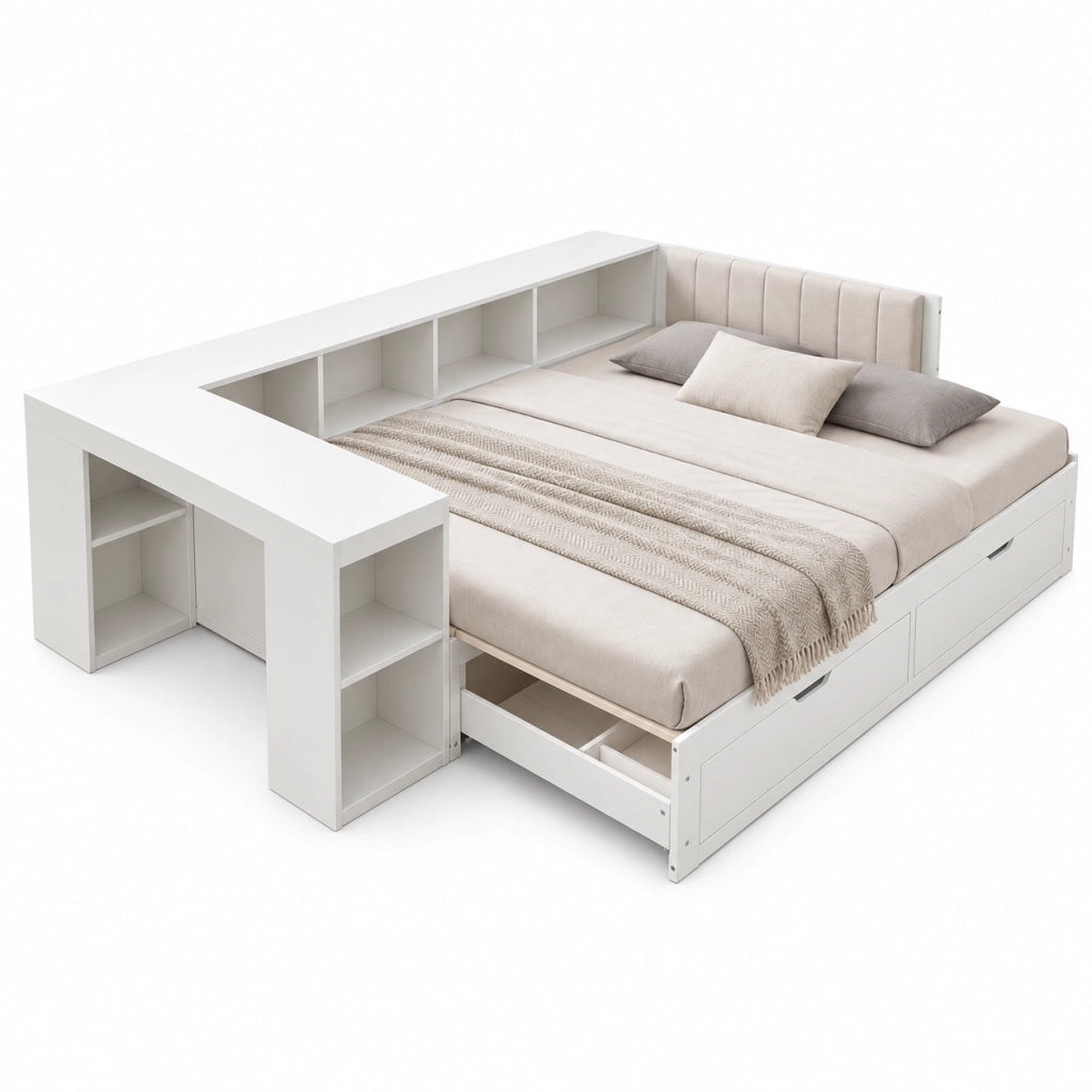 Letto extensible180 x 200 cm con scrivania integrata, cassetti e ripiani, divano letto in legno bianco con testiera imbottita