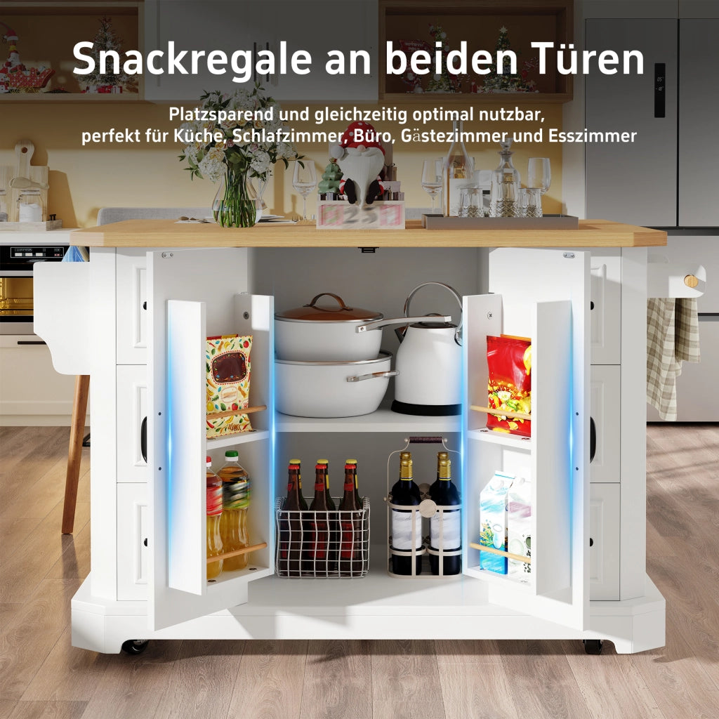Isola da cucina mobile con 2 ante e 6 cassetti su 5 ruote in MDF e metallo bianco 120 × 45 × 91 cm