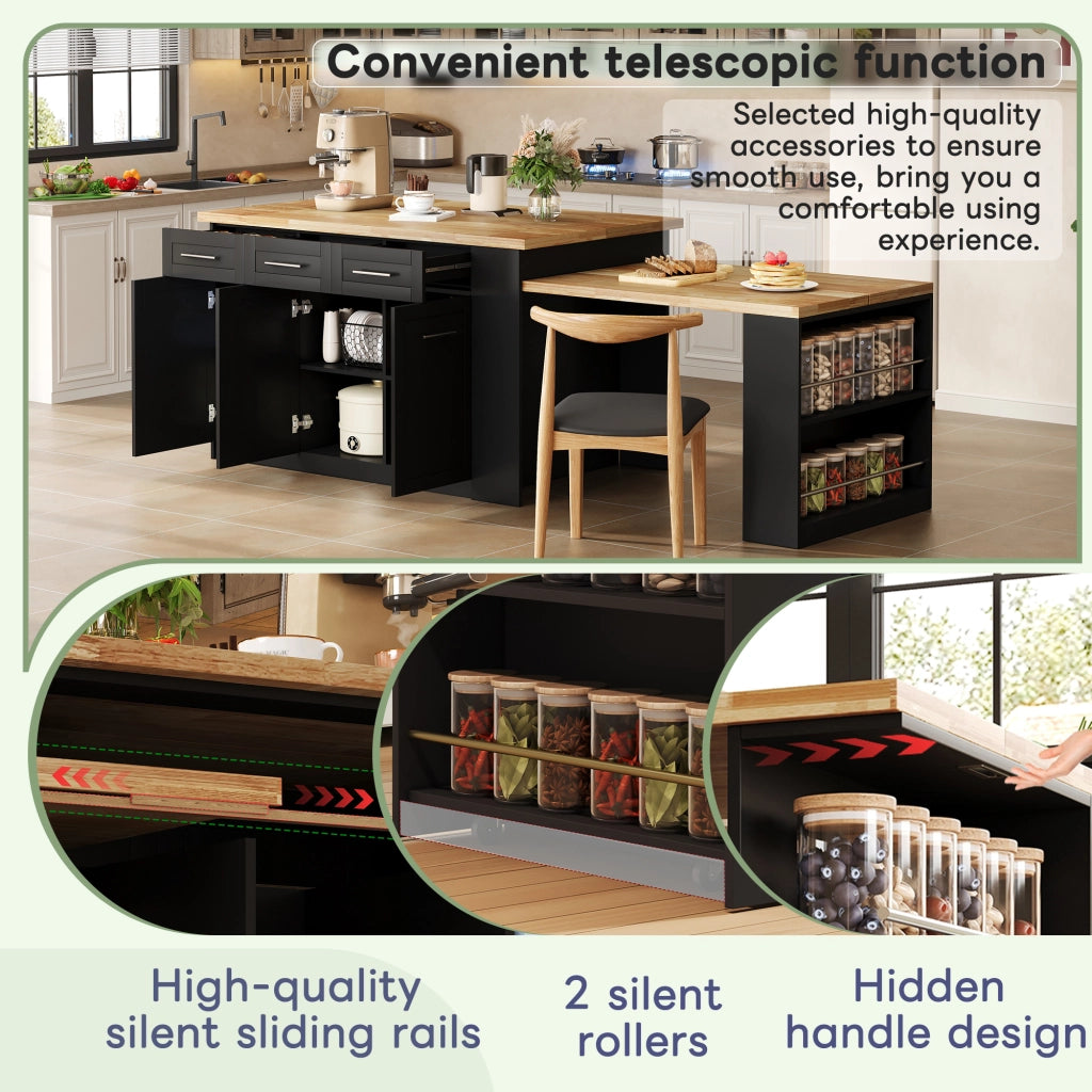 Isola da cucina con tavolo estraibile e contenitori in MDF naturale e nero 150 × 90 × 90 cm