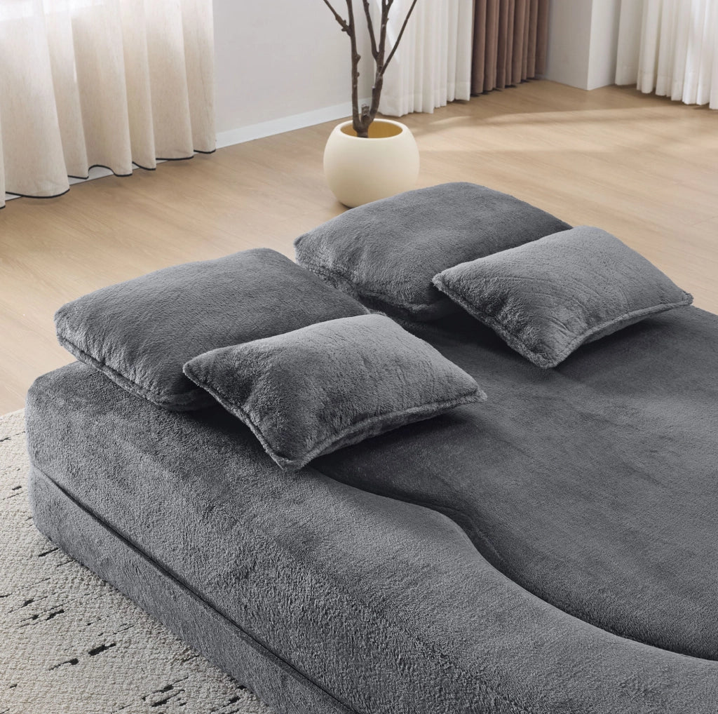 Divano letto moderno blu-grigio in flanella con schiuma ad alta densità e 4 cuscini, senza montaggio, per soggiorno e camera degli ospiti
