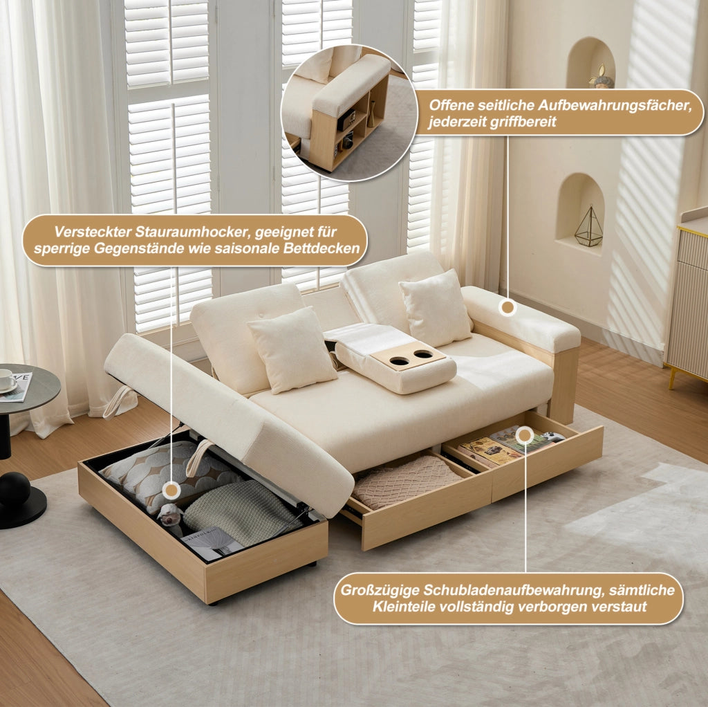 Divano letto in chenille con contenitore e cassetti