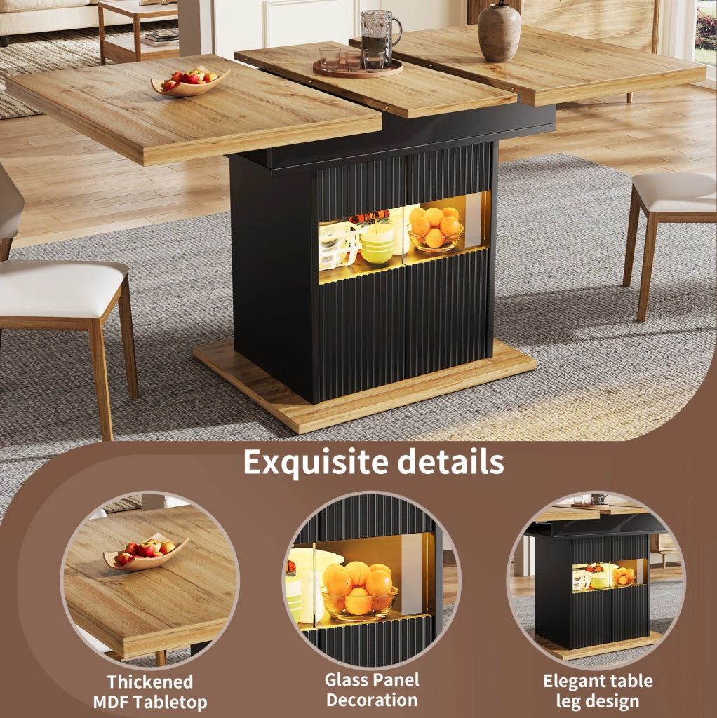 Tavolo da pranzo allungabile con vano portaoggetti e illuminazione LED, 110-140 cm, nero con finitura effetto legno