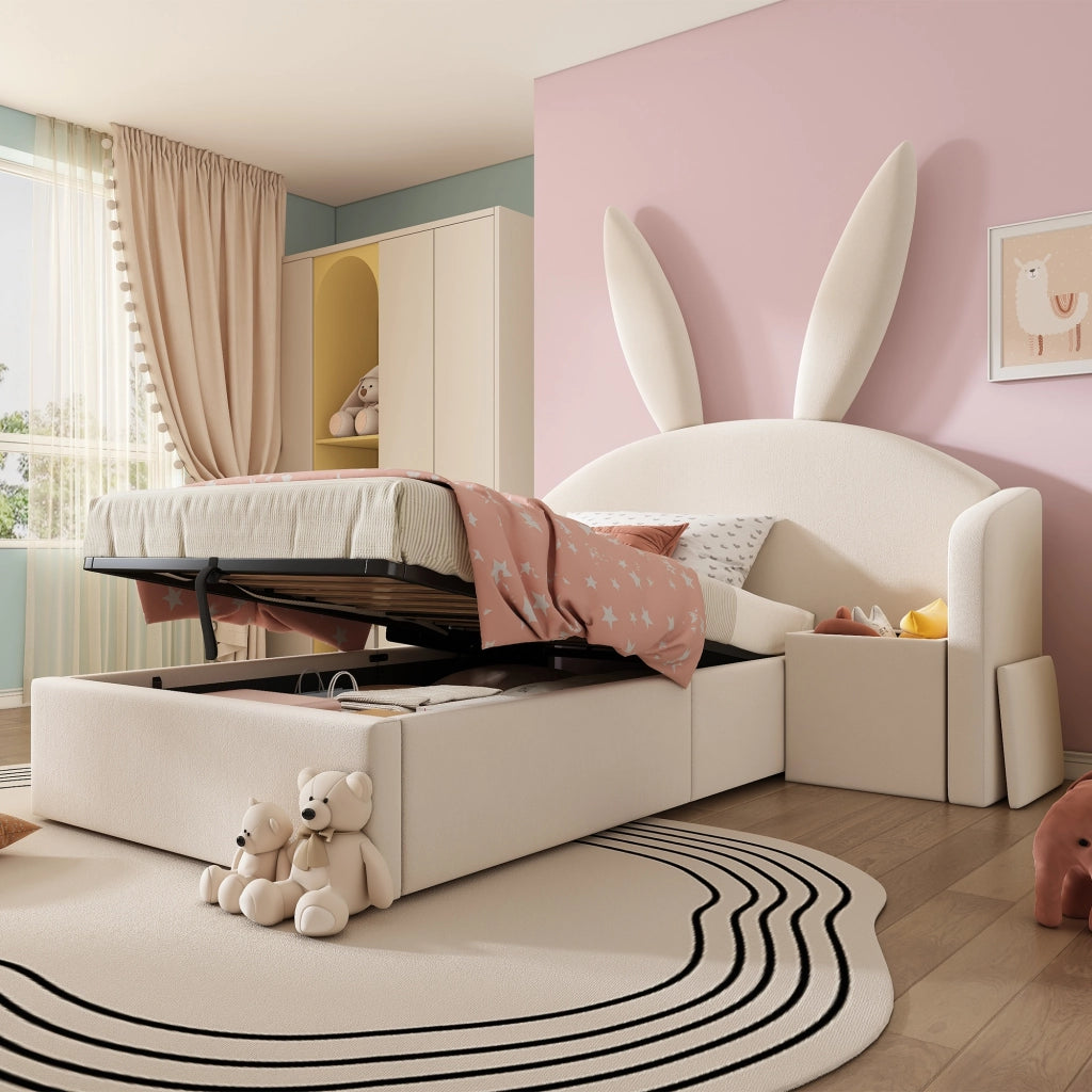Letto per bambini 90x190 cm, letto idraulico con contenitore, testiera imbottita, forma a orecchie di coniglio, tessuto in velluto, beige