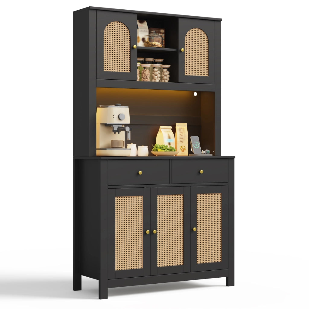 Mobile Dispensa 100x40x180 cm Nero con LED RGB App, 5 Ante Rattan, 2 Cassetti, 2 Prese e 2 USB