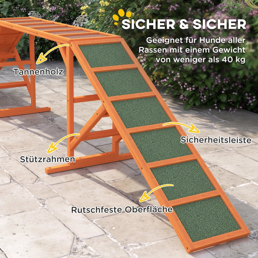 Passerella per agility cani con barra di sicurezza e superficie antiscivolo in legno arancione 325 × 55 × 69 cm