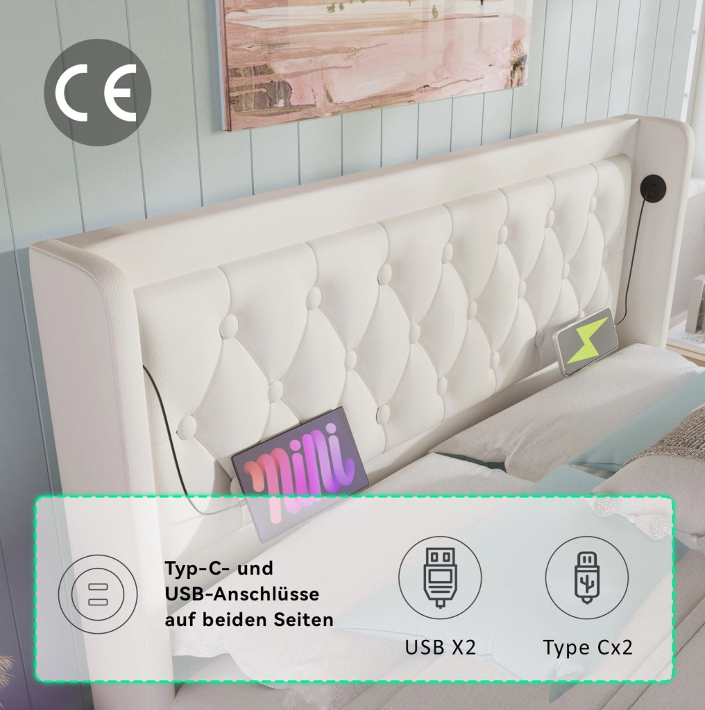 Letto matrimoniale 160x200 cm con contenitore; LED e USB-C; in PU bianco