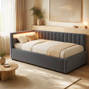 LETTO Divano imbottito 90x200 cm in velluto grigio con LED e contenitore