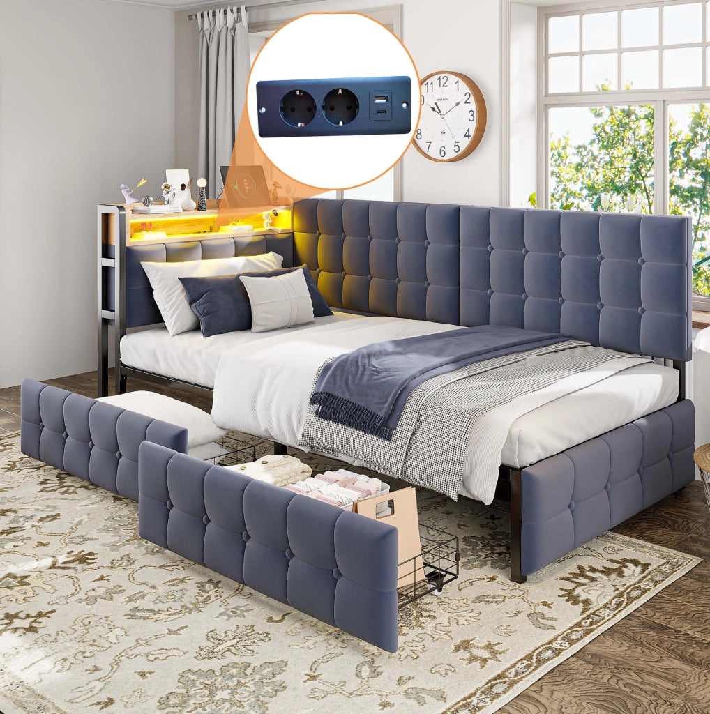 Divano letto imbottito 90x200 cm grigio con LED, USB/Type-C, 2 cassetti