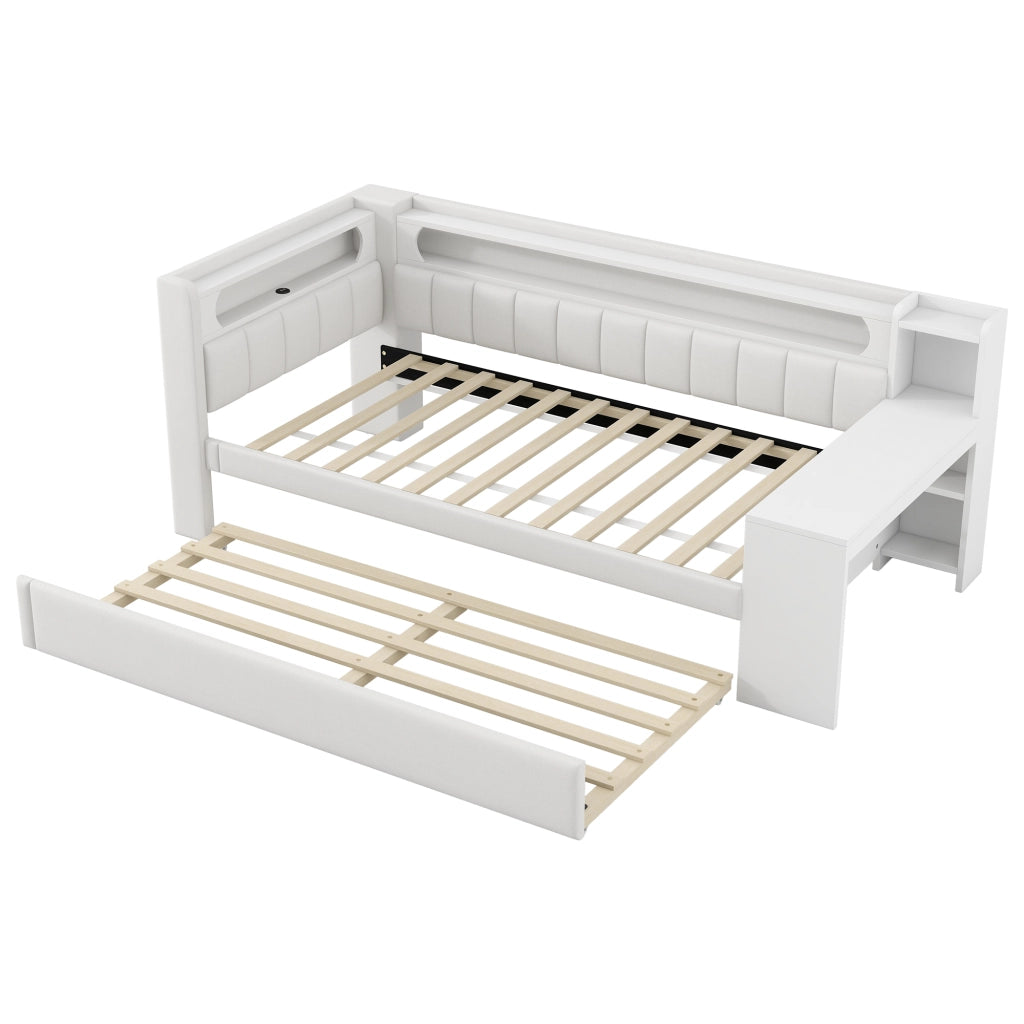 Daybed Imbottito 90x200 cm con Letto Estraibile; LED; USB; Scrivania; Bianco