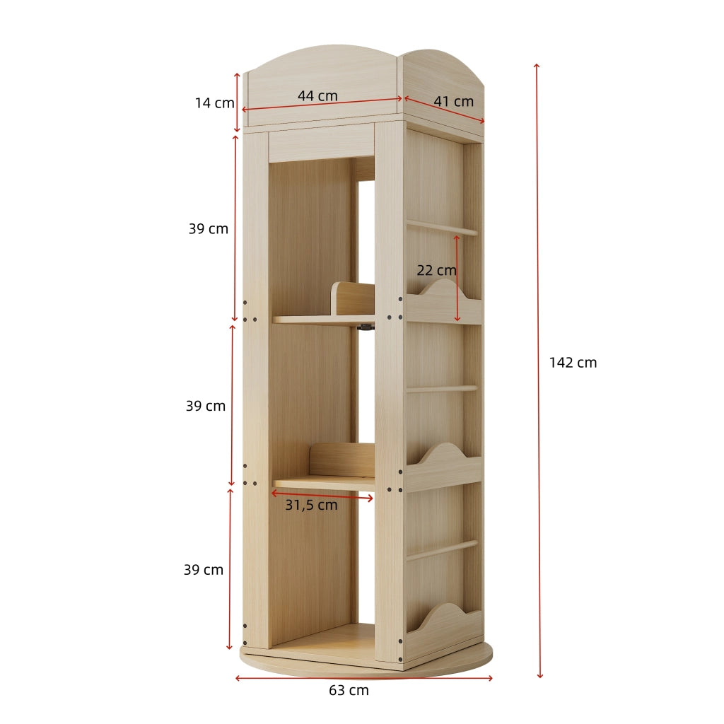 Libreria girevole a 360° con 4 ripiani e vani laterali in MDF naturale 142 × 63 × 63 cm