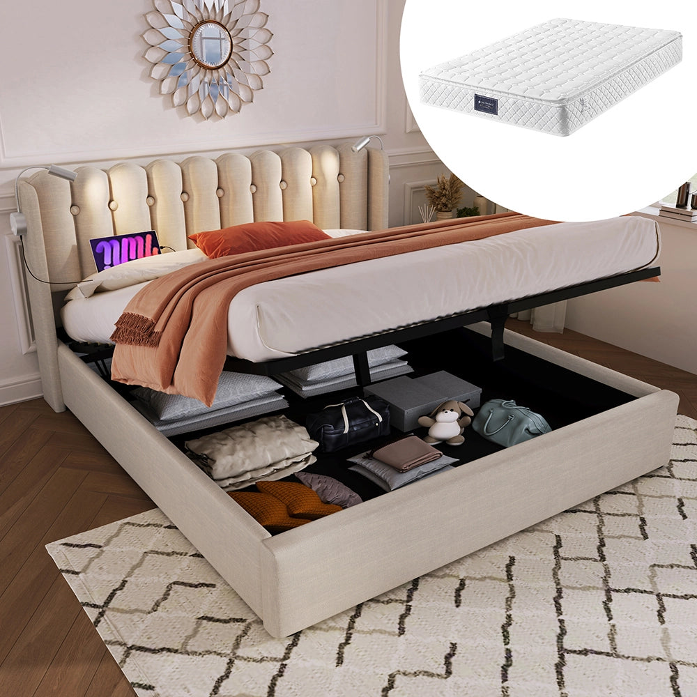 Lit coffre imbottito 140x200 cm - Xylo - Funzione di carico, due luci da lettura, beige