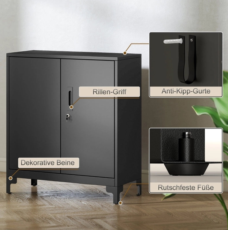 Armadio da ufficio in metallo con porte chiudibili, design a 2 livelli, colore nero