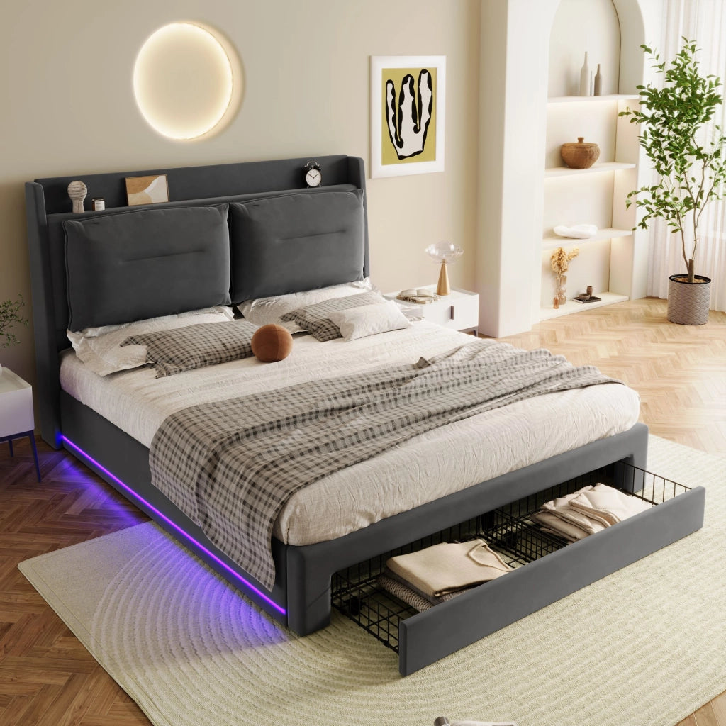 Letto contenitore 140 × 190 cm con sollevamento idraulico cassetto ai piedi LED regolabile velluto grigio scuro