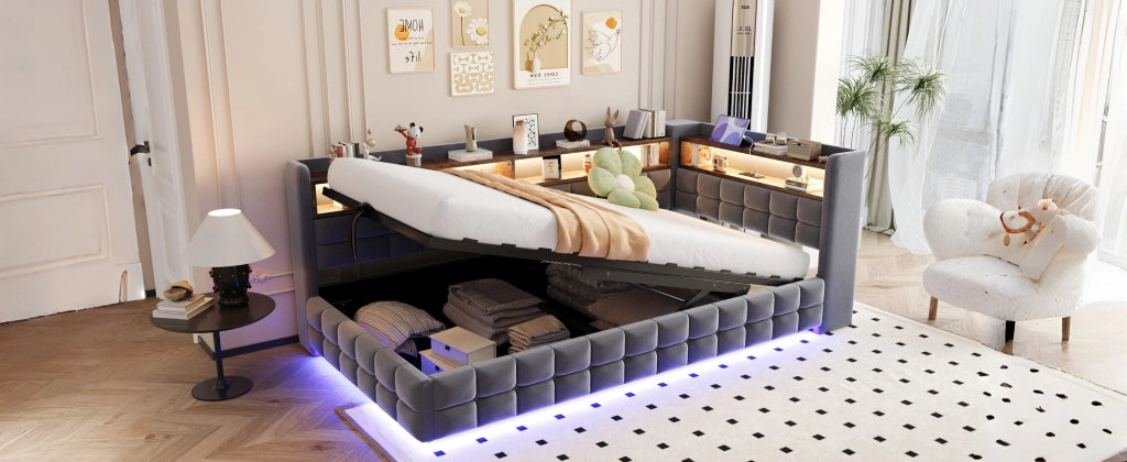 Letto singolo imbottito 90 × 200 cm con contenitore idraulico ripiani in legno LED prese USB Type-C velluto grigio