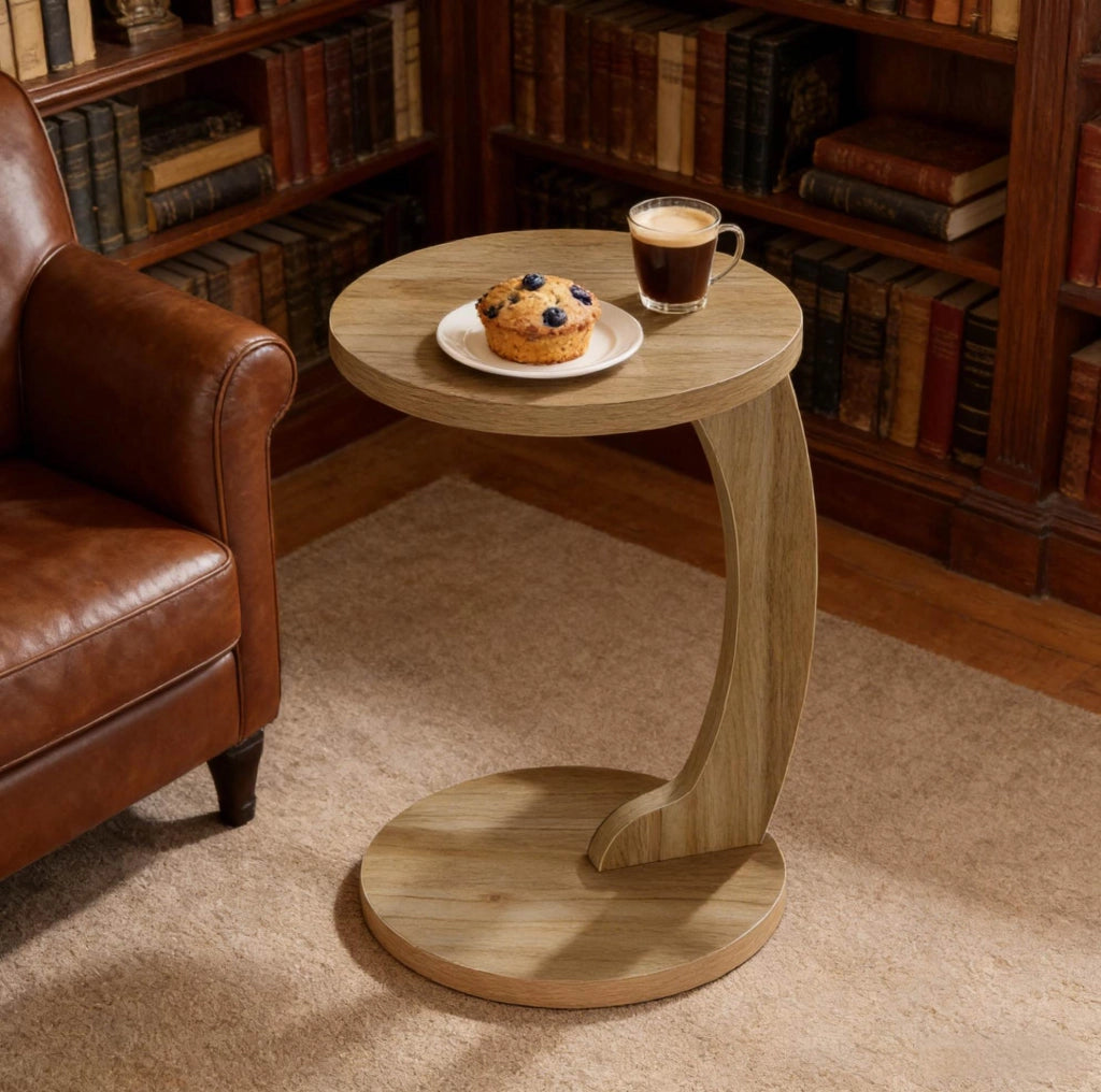 Tavolino rotondo a forma di C in MDF classe E1 effetto quercia chiara 38x55 cm