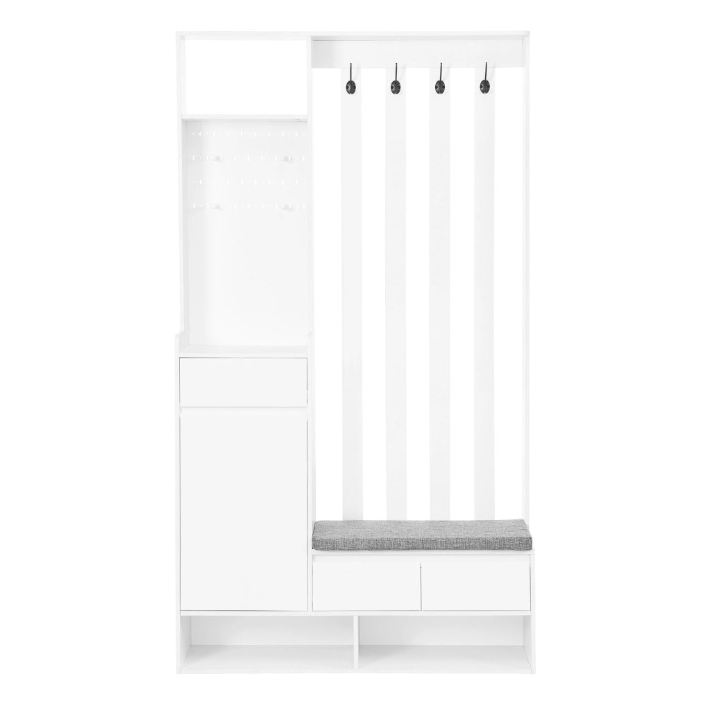 Panca contenitore bianca con appendiabiti a parete e 4 ganci, mobile ingresso multifunzione in MDF H180xL100xP35 cm
